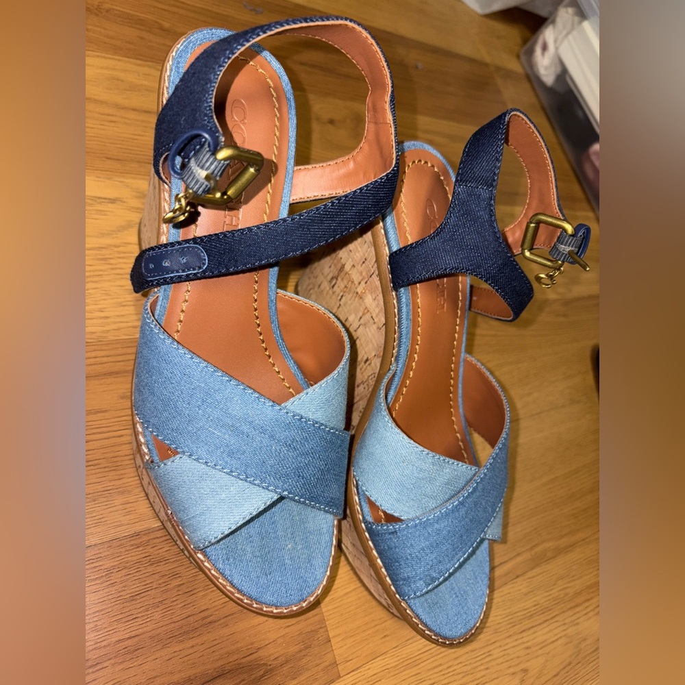 Coach Two-Tone Denim Wedge Sandals - Light & Dark Blue - Picture 2 of 7